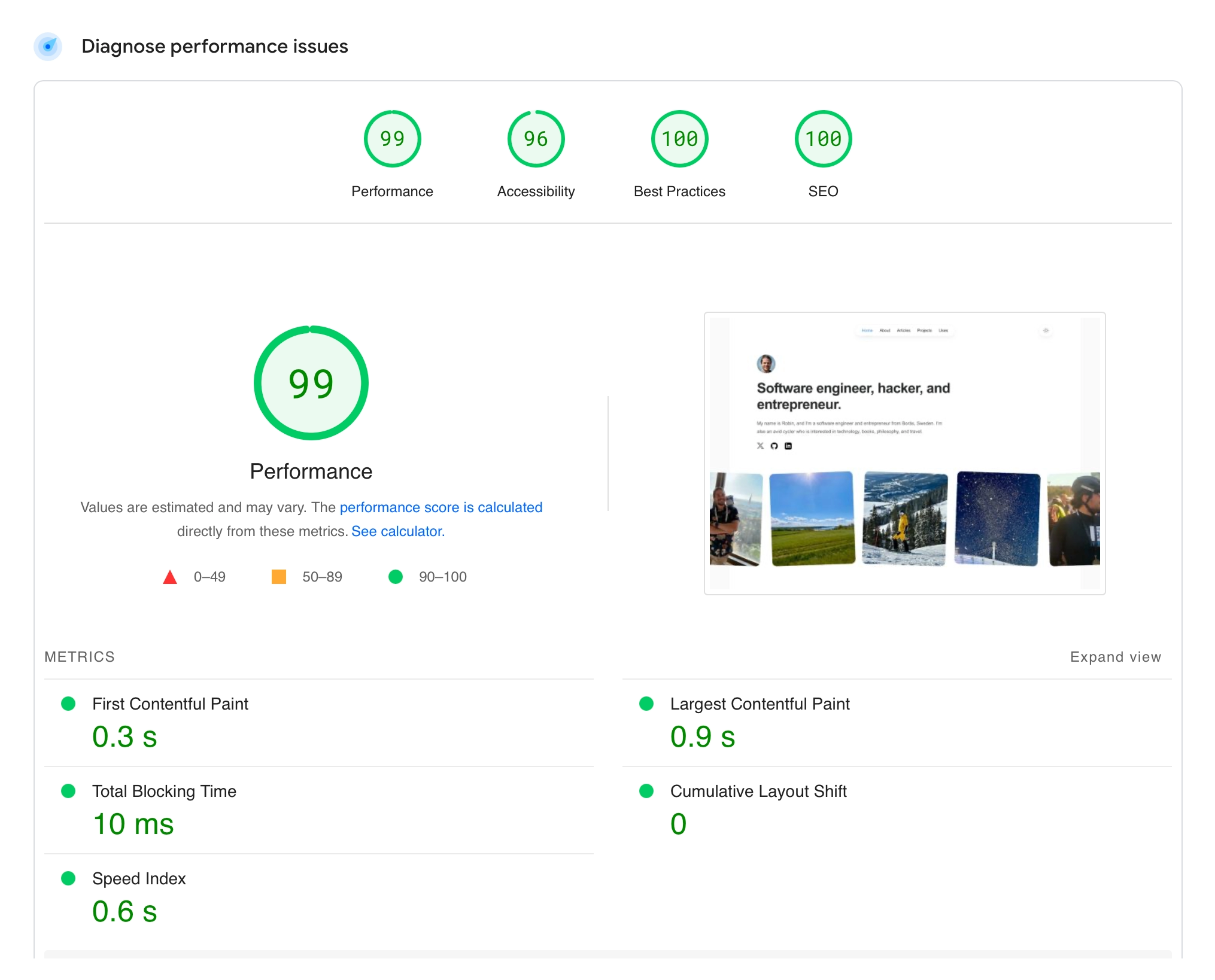 99/100 performance score on PageSpeed Insights.
