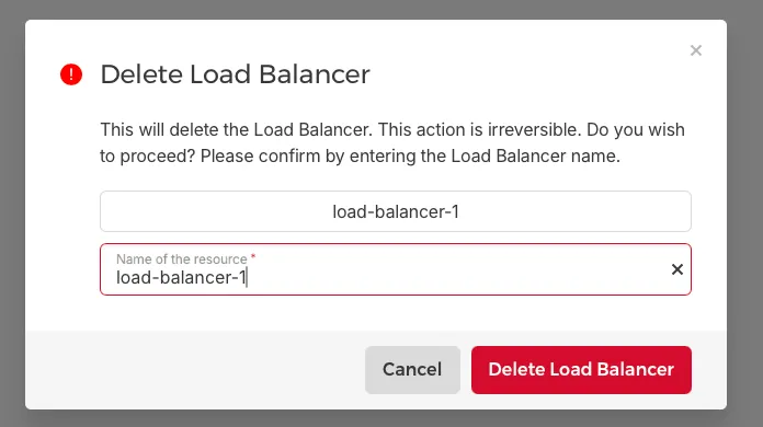 Hetzner Cloud delete confirmation dialog for 'load-balancer-1'.