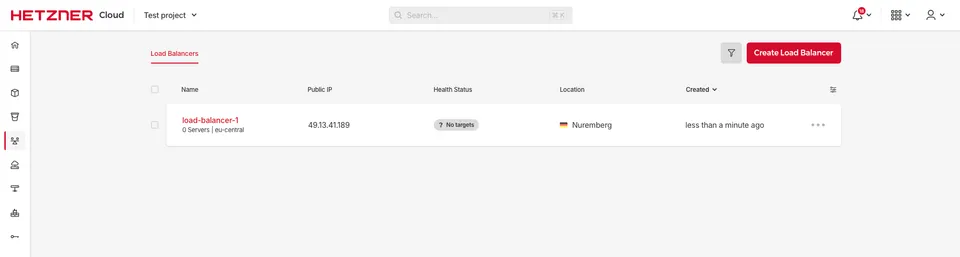 Hetzner Cloud interface showing a load balancer named 'load-balancer-1' in Project A before deletion.