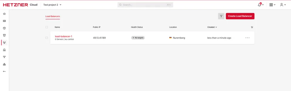 Hetzner Cloud interface showing the newly created load balancer 'load-balancer-1' in Project B with the same IP.